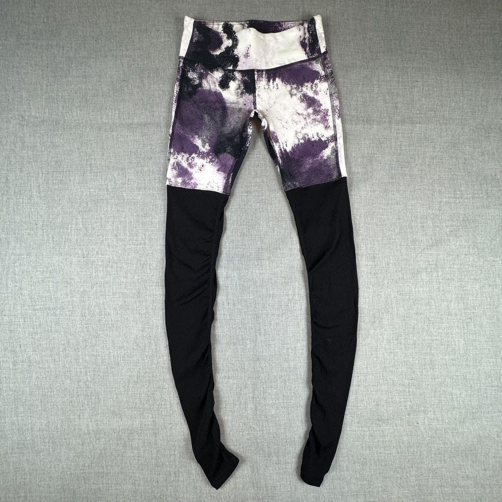 Alo Yoga Pants Womens Medium Purple Black Print Goddess Legging Ribbed Over Heel